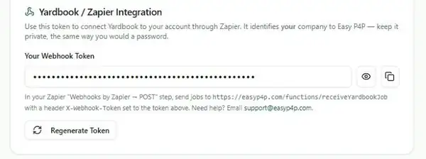 Easy P4P Company Settings Yardbook / Zapier Integration section with the webhook token field