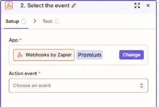 Zapier action step choosing Webhooks by Zapier, a premium app